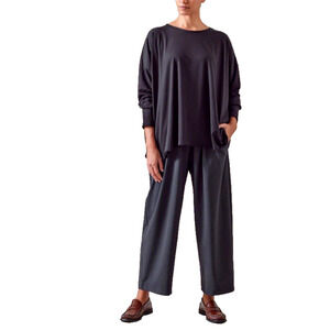 ESKANDAR One Size Black Pima Cotton Jersey Long Sleeve Double Edge Pullover Top